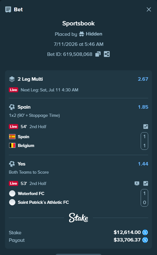 Bet slip: Spain - Belgium, $12,614.00 stake at 1.85 odds, placed by Hidden