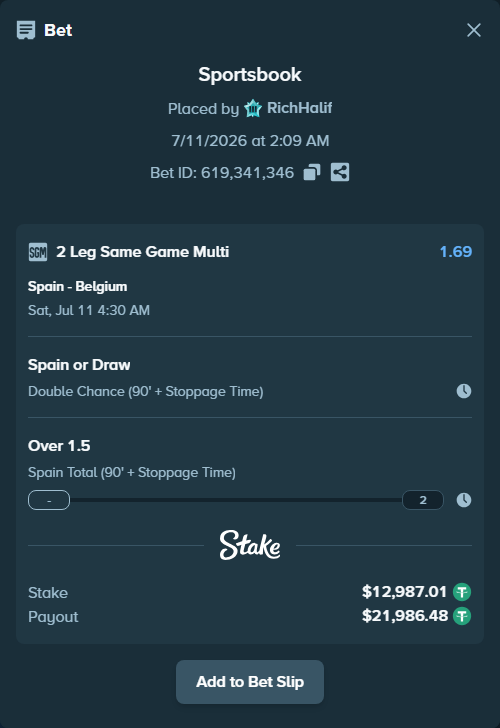 Bet slip: Spain - Belgium, $13,000.00 stake at 1.16 odds, placed by RichHalif