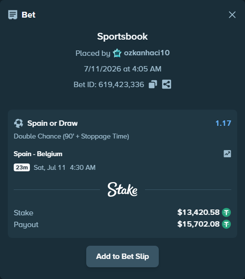 Bet slip: Spain - Belgium, $13,434.00 stake at 1.17 odds, placed by ozkanhaci10