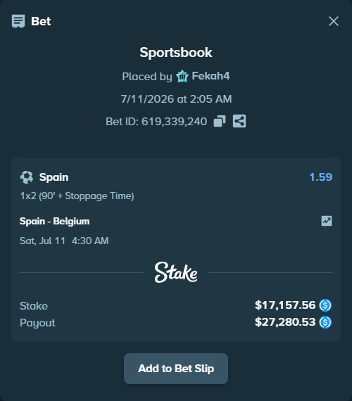 Bet slip: Spain - Belgium, $17,157.56 stake at 1.59 odds, placed by Fekah4