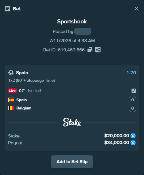 Bet slip: Spain - Belgium, $20,000.00 stake at 1.70 odds, placed by Hoggtann