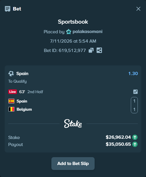 Bet slip: Spain - Belgium, $26,989.00 stake at 1.30 odds, placed by palakasomani