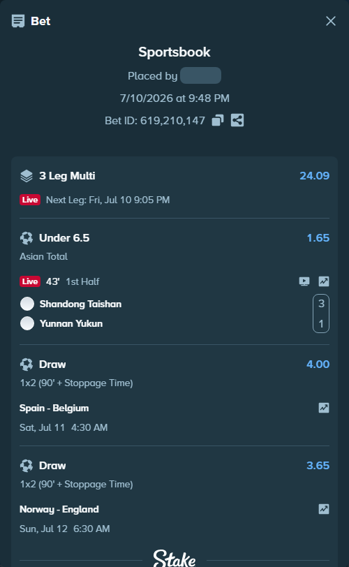 Bet slip: Spain - Belgium, $29,448.00 stake at 4.00 odds, placed by kabic555