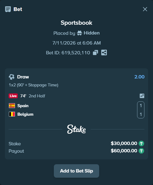 Bet slip: Spain - Belgium, $30,030.00 stake at 2.00 odds, placed by Hidden