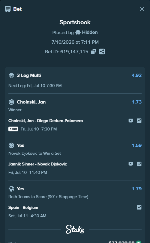 Bet slip: Spain - Belgium, $37,058.00 stake at 1.79 odds, placed by Hidden
