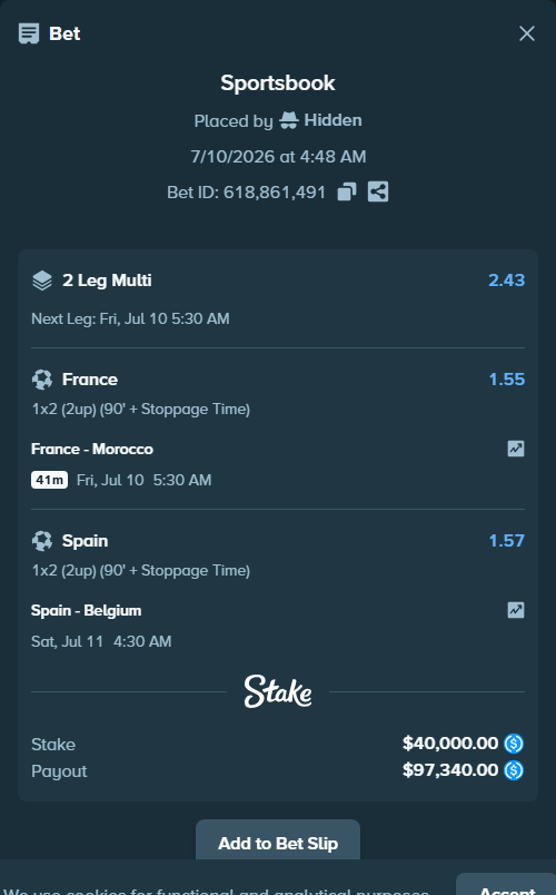 Bet slip: Spain - Belgium, $40,000.00 stake at 1.57 odds, placed by TeslaKesla22