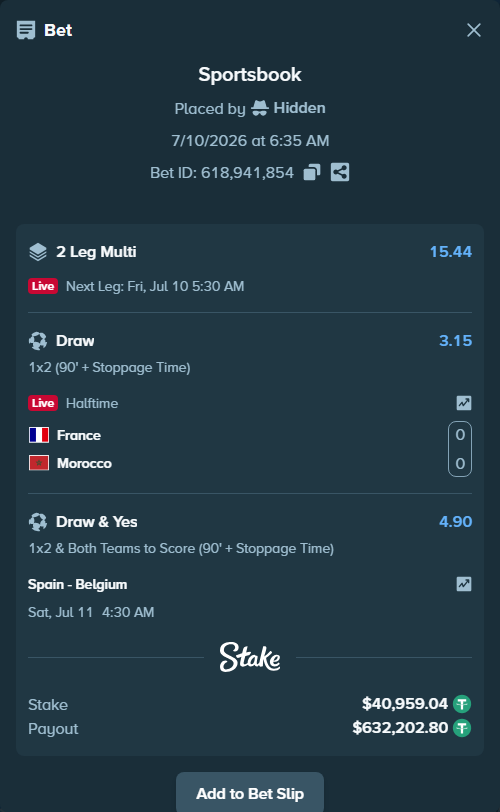 Bet slip: Spain - Belgium, $41,000.00 stake at 4.90 odds, placed by Hidden