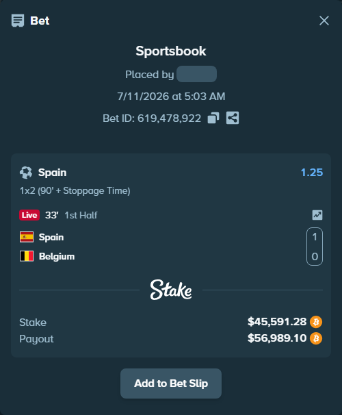 Bet slip: Spain - Belgium, $45,954.05 stake at 1.25 odds, placed by Hallfkh