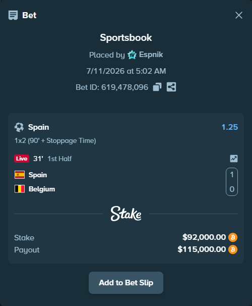Bet slip: Spain - Belgium, $92,732.05 stake at 1.25 odds, placed by Espnik