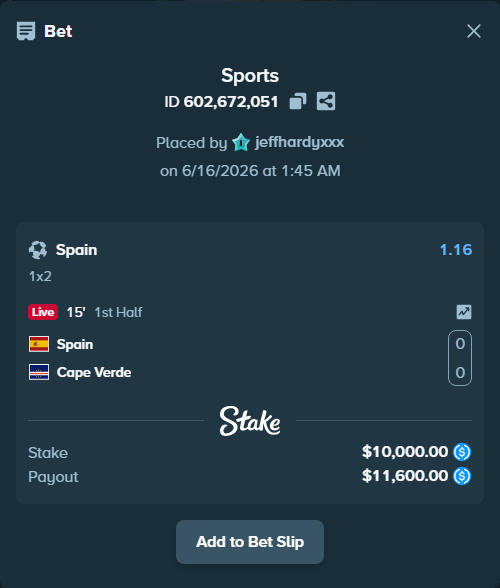 Bet slip: Spain - Cape Verde, $10,000.00 stake at 1.16 odds, placed by jeffhardyxxx