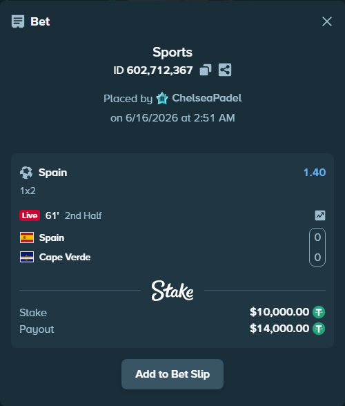 Bet slip: Spain - Cape Verde, $10,000.00 stake at 1.40 odds, placed by ChelseaPadel