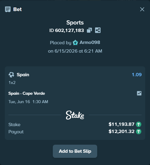 Bet slip: Spain - Cape Verde, $11,205.07 stake at 1.09 odds, placed by Armo098