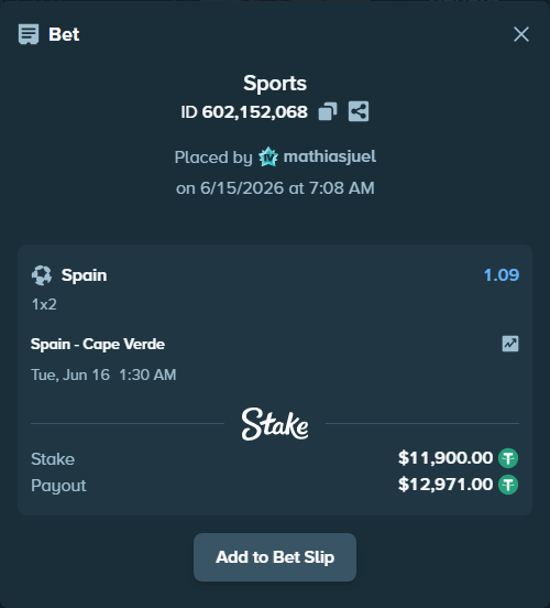 Bet slip: Spain - Cape Verde, $11,911.90 stake at 1.09 odds, placed by mathiasjuel