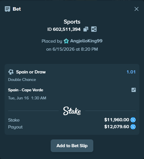 Bet slip: Spain - Cape Verde, $11,960.00 stake at 1.01 odds, placed by AngjelloKing99