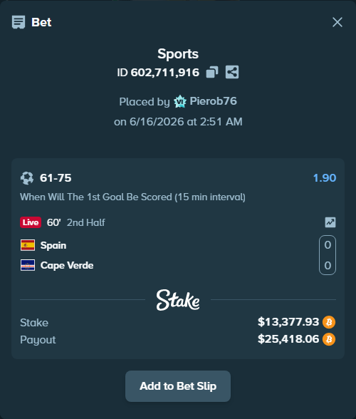 Bet slip: Spain - Cape Verde, $12,866.00 stake at 1.90 odds, placed by Pierob76