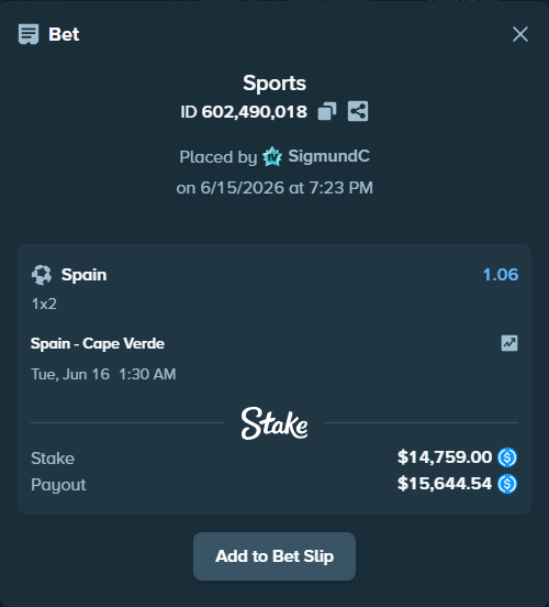 Bet slip: Spain - Cape Verde, $14,759.00 stake at 1.06 odds, placed by SigmundC