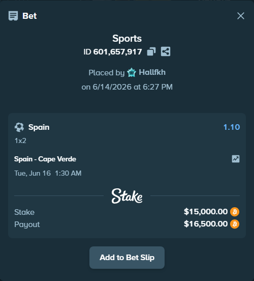 Bet slip: Spain - Cape Verde, $14,974.63 stake at 1.10 odds, placed by Hallfkh