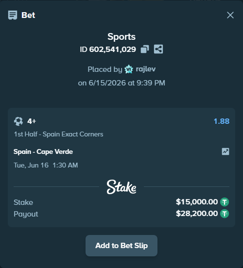 Bet slip: Spain - Cape Verde, $15,015.00 stake at 1.88 odds, placed by rajlev