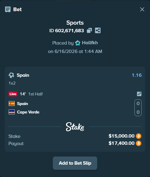 Bet slip: Spain - Cape Verde, $14,366.77 stake at 1.16 odds, placed by Hallfkh