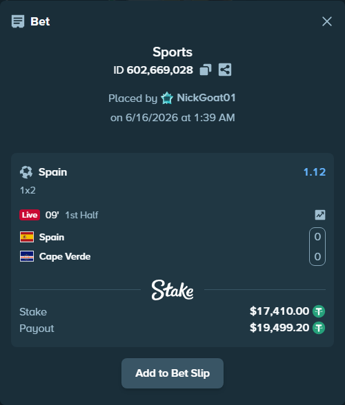 Bet slip: Spain - Cape Verde, $17,427.41 stake at 1.12 odds, placed by NickGoat01