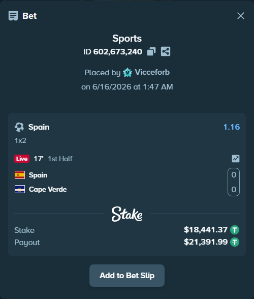 Bet slip: Spain - Cape Verde, $18,459.81 stake at 1.16 odds, placed by Vicceforb