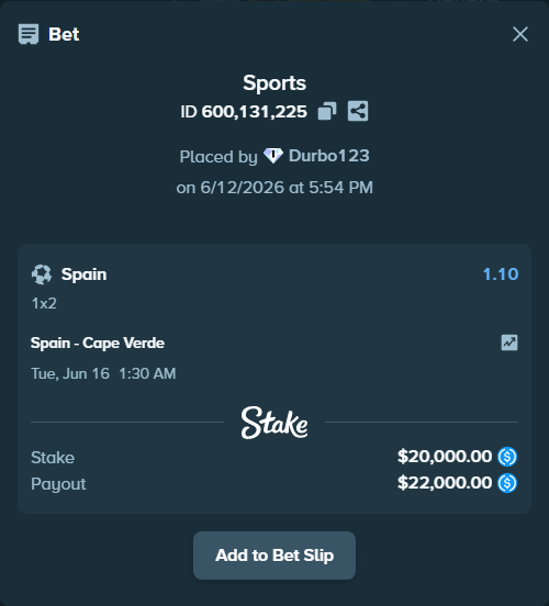 Bet slip: Spain - Cape Verde, $20,000.00 stake at 1.10 odds, placed by Durbo123