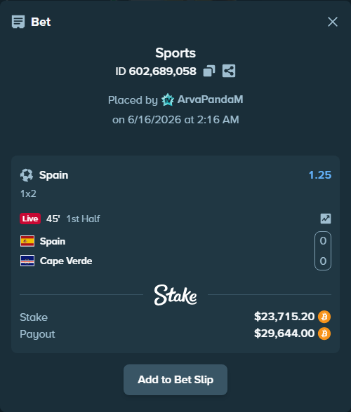 Bet slip: Spain - Cape Verde, $22,700.91 stake at 1.25 odds, placed by ArvaPandaM