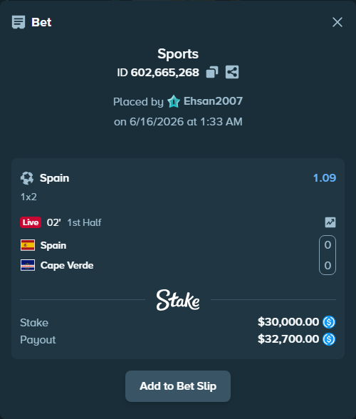 Bet slip: Spain - Cape Verde, $30,000.00 stake at 1.09 odds, placed by Ehsan2007