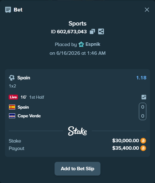 Bet slip: Spain - Cape Verde, $28,736.21 stake at 1.18 odds, placed by Espnik