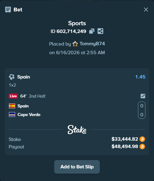 Bet slip: Spain - Cape Verde, $32,162.00 stake at 1.45 odds, placed by TommyB74