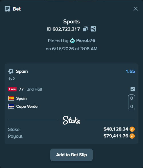 Bet slip: Spain - Cape Verde, $46,317.60 stake at 1.65 odds, placed by Pierob76