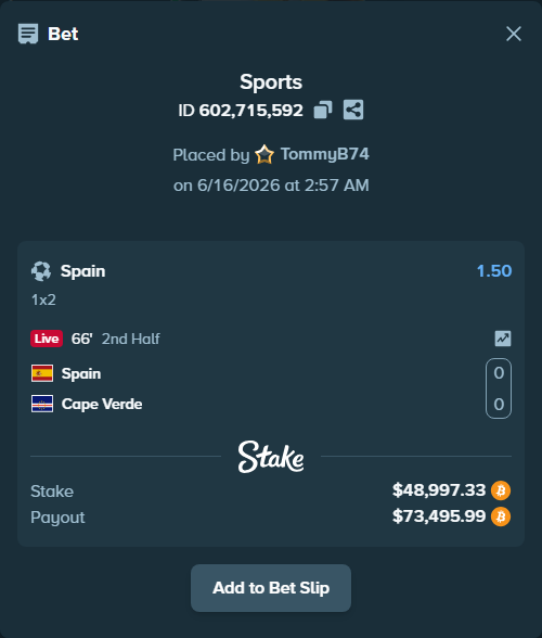 Bet slip: Spain - Cape Verde, $47,149.49 stake at 1.50 odds, placed by TommyB74