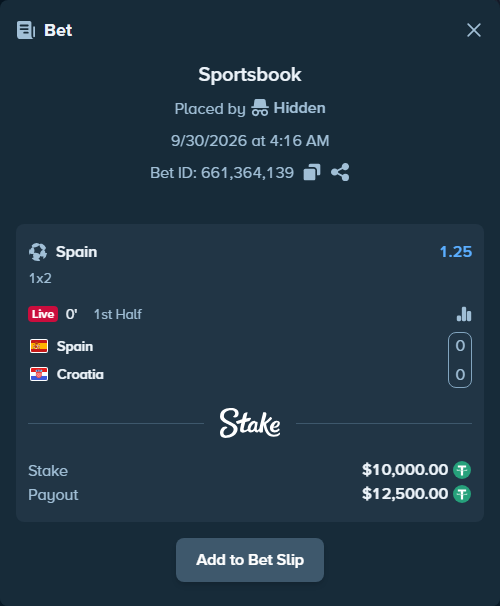 Bet slip: Spain - Croatia, $10,000.00 stake at 1.25 odds, placed by Olecashoutlind
