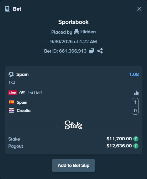 Bet slip: Spain - Croatia, $11,700.00 stake at 1.08 odds, placed by Armo098