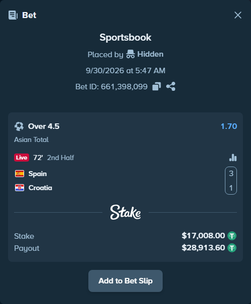Bet slip: Spain - Croatia, $17,008.00 stake at 1.70 odds, placed by Adrenaline77