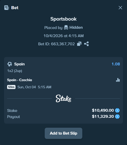 Bet slip: Spain - Czechia, $10,490.00 stake at 1.08 odds, placed by Didrikv