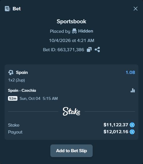 Bet slip: Spain - Czechia, $11,122.37 stake at 1.08 odds, placed by Bokket