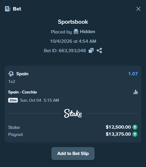 Bet slip: Spain - Czechia, $12,500.00 stake at 1.07 odds, placed by Valaker98