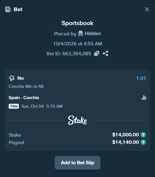 Bet slip: Spain - Czechia, $14,000.00 stake at 1.01 odds, placed by shelyzz