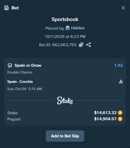 Bet slip: Spain - Czechia, $14,929.80 stake at 1.02 odds, placed by megah29