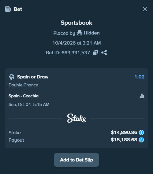 Bet slip: Spain - Czechia, $14,890.86 stake at 1.02 odds, placed by joarug