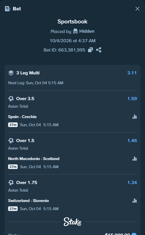 Bet slip: Spain - Czechia, $15,000.00 stake at 1.59 odds, placed by Hidden