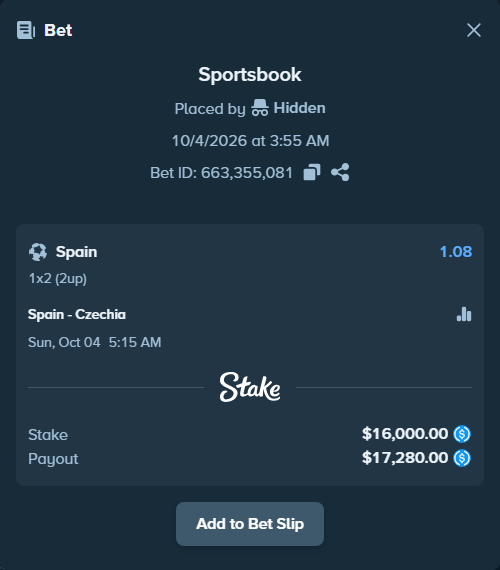 Bet slip: Spain - Czechia, $16,000.00 stake at 1.08 odds, placed by mathiasjuel