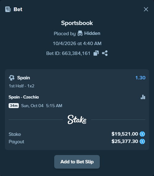 Bet slip: Spain - Czechia, $19,521.00 stake at 1.30 odds, placed by ArdianHertica