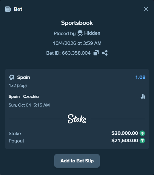 Bet slip: Spain - Czechia, $20,000.00 stake at 1.08 odds, placed by Iben1993