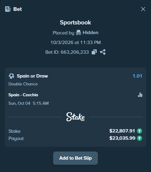 Bet slip: Spain - Czechia, $22,807.91 stake at 1.01 odds, placed by uekt