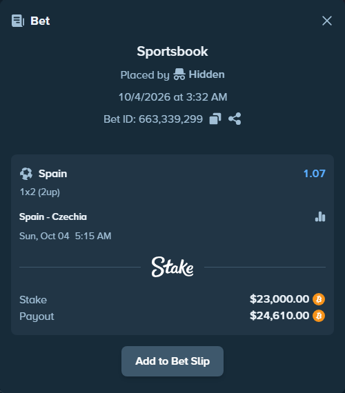 Bet slip: Spain - Czechia, $23,035.08 stake at 1.07 odds, placed by Espnik