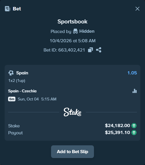 Bet slip: Spain - Czechia, $24,182.00 stake at 1.05 odds, placed by Sverreguten