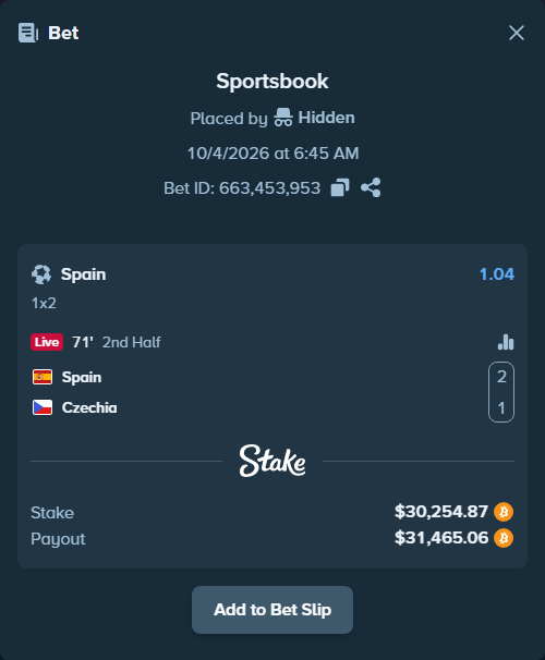 Bet slip: Spain - Czechia, $30,192.98 stake at 1.04 odds, placed by hungrybox