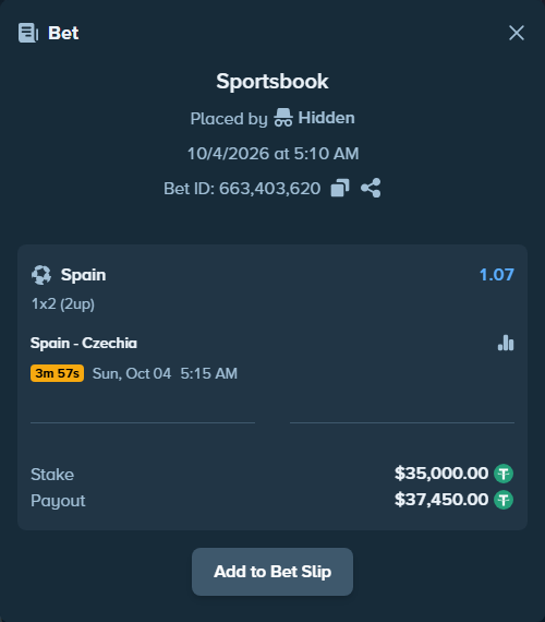 Bet slip: Spain - Czechia, $35,000.00 stake at 1.07 odds, placed by floutp451